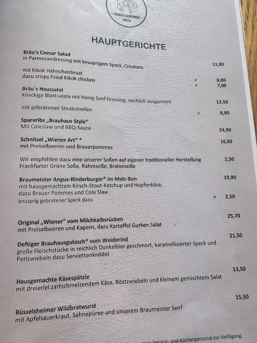 Speisekarte, Rüsselsheimer Bräu