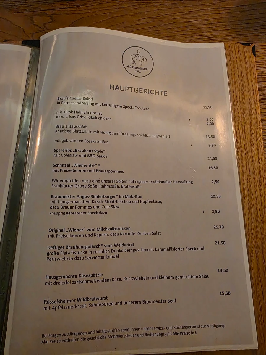 Speisekarte, Rüsselsheimer Bräu