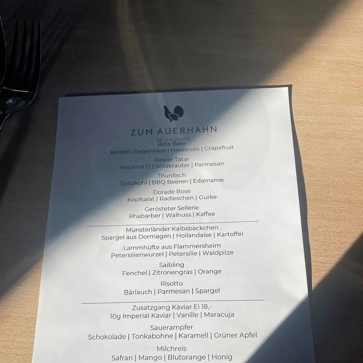 Speisekarte, Zum Auerhahn Restaurant