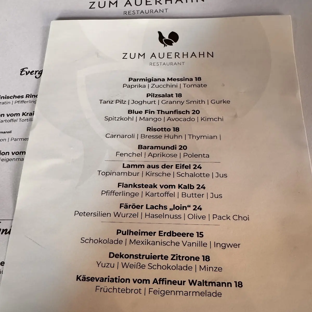 Speisekarte, Zum Auerhahn Restaurant