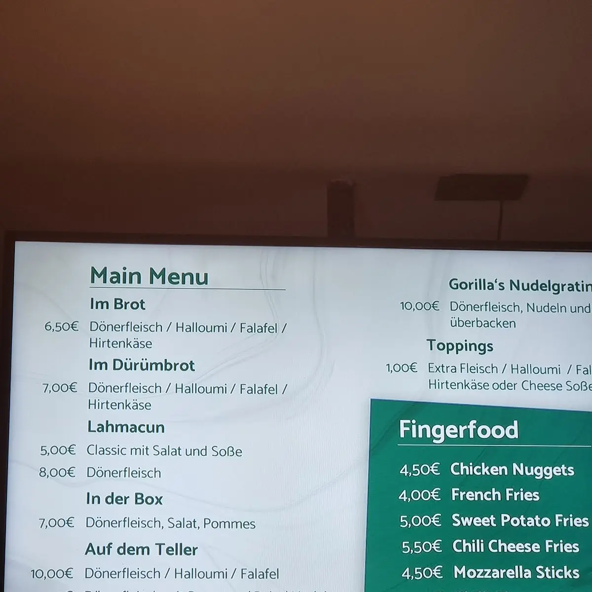 Speisekarte, Gorillas Döner
