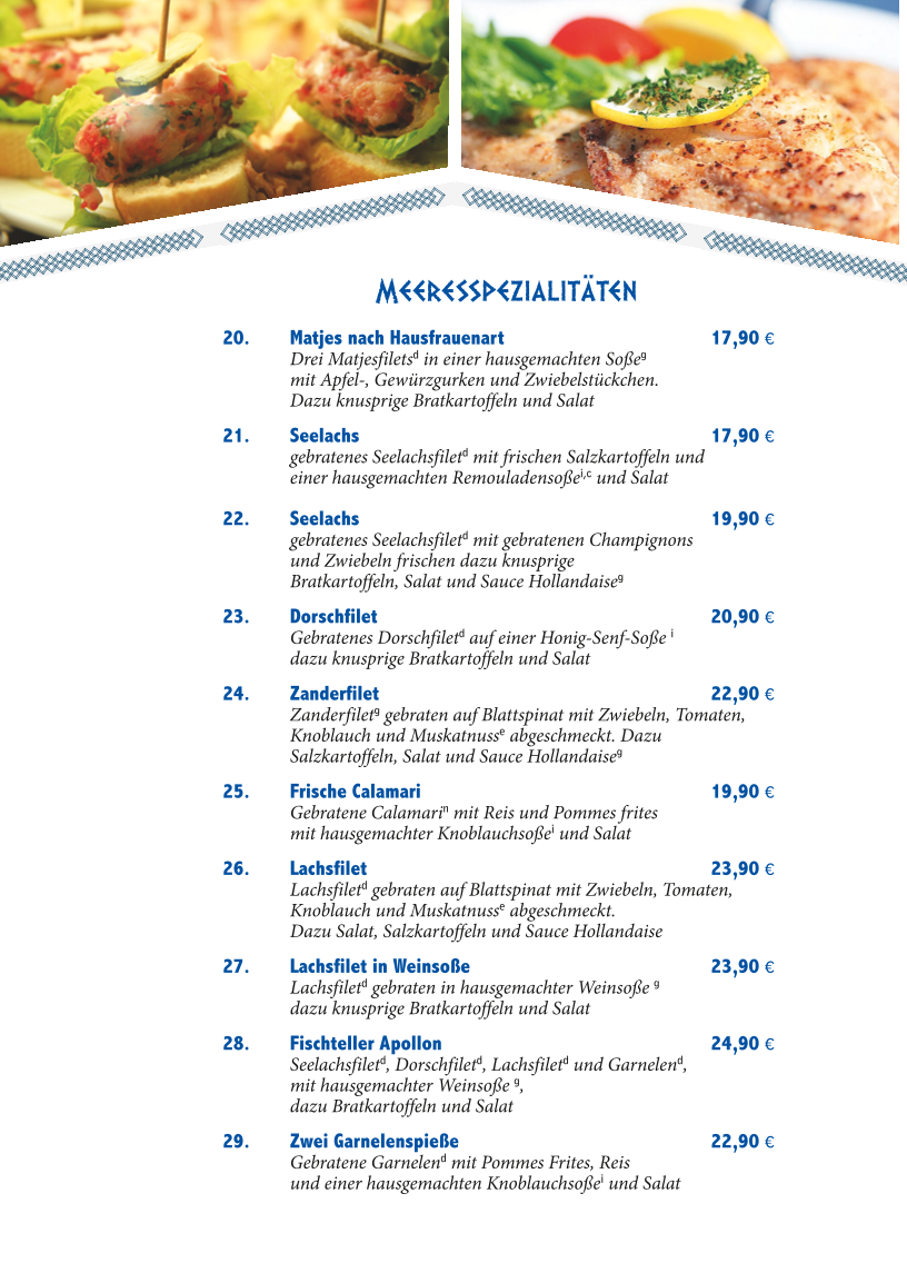 Speisekarte, Griechisches Restaurant Apollon