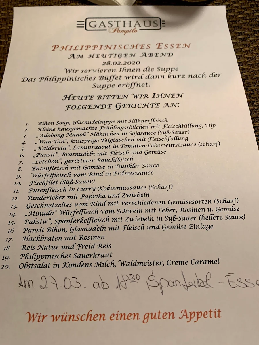 Speisekarte, Gasthaus Pampilo