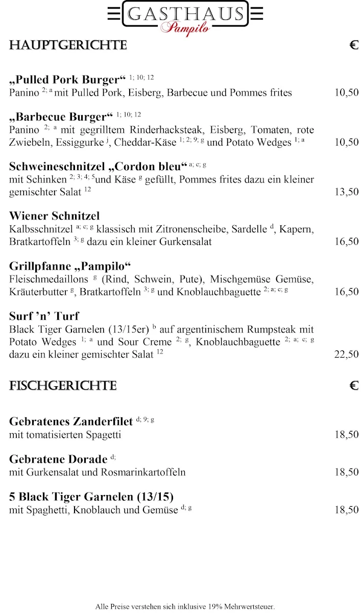 Speisekarte, Gasthaus Pampilo