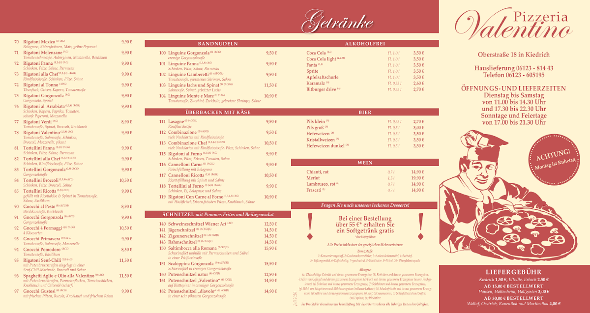 Speisekarte, Pizzeria Valentino
