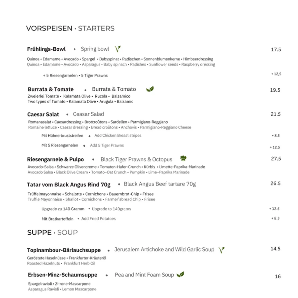 Speisekarte, RISE Restaurant