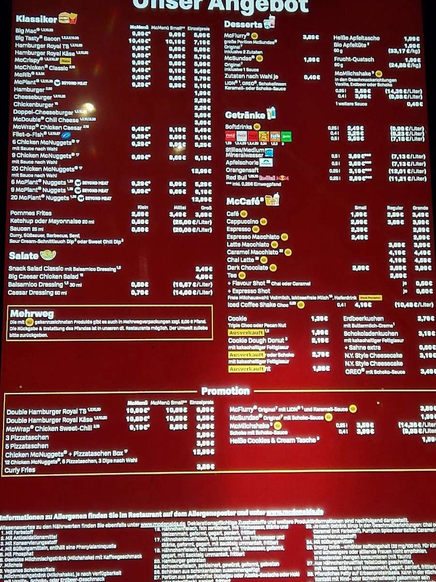 Speisekarte, McDonald's
