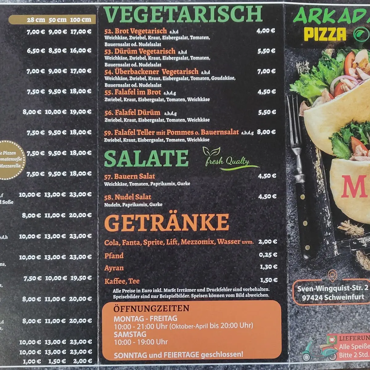 Speisekarte, Arkadasch's Pizza Döner