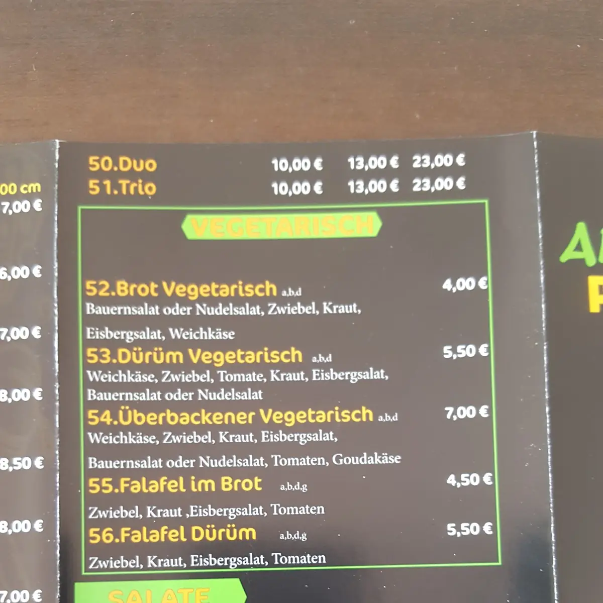 Speisekarte, Arkadasch's Pizza Döner