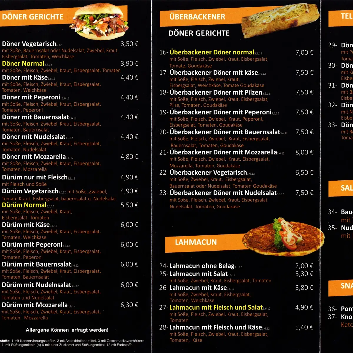 Speisekarte, Arkadasch's Pizza Döner