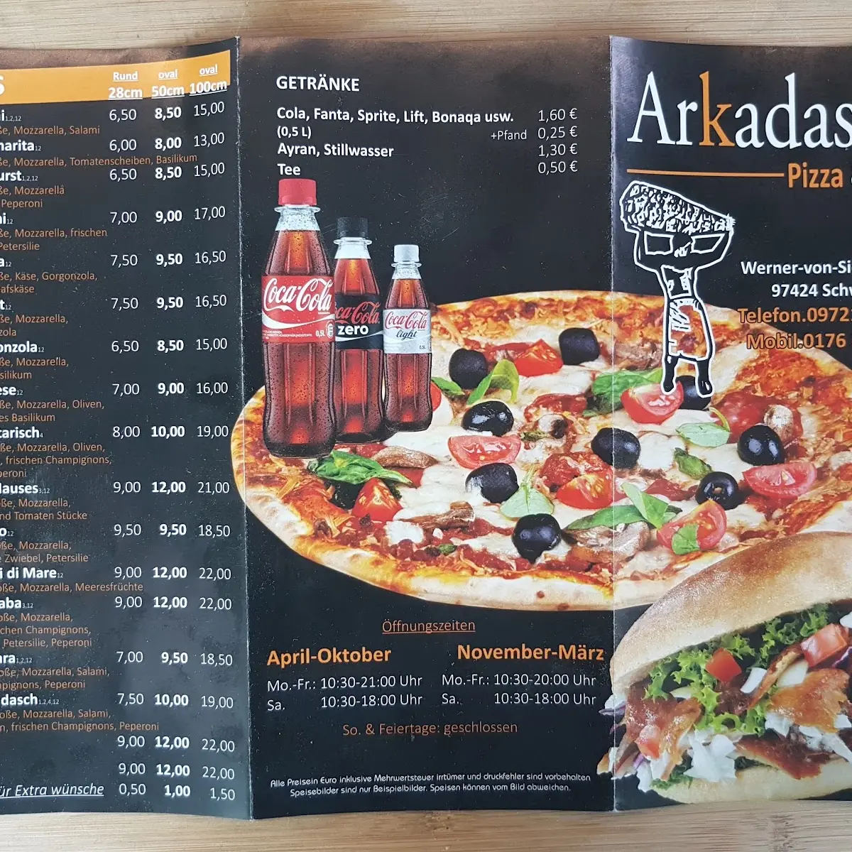 Speisekarte, Arkadasch's Pizza Döner