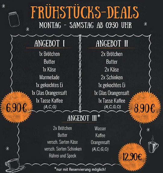 Speisekarte, Café-Bistro im Autohaus BRÜGGEMANN