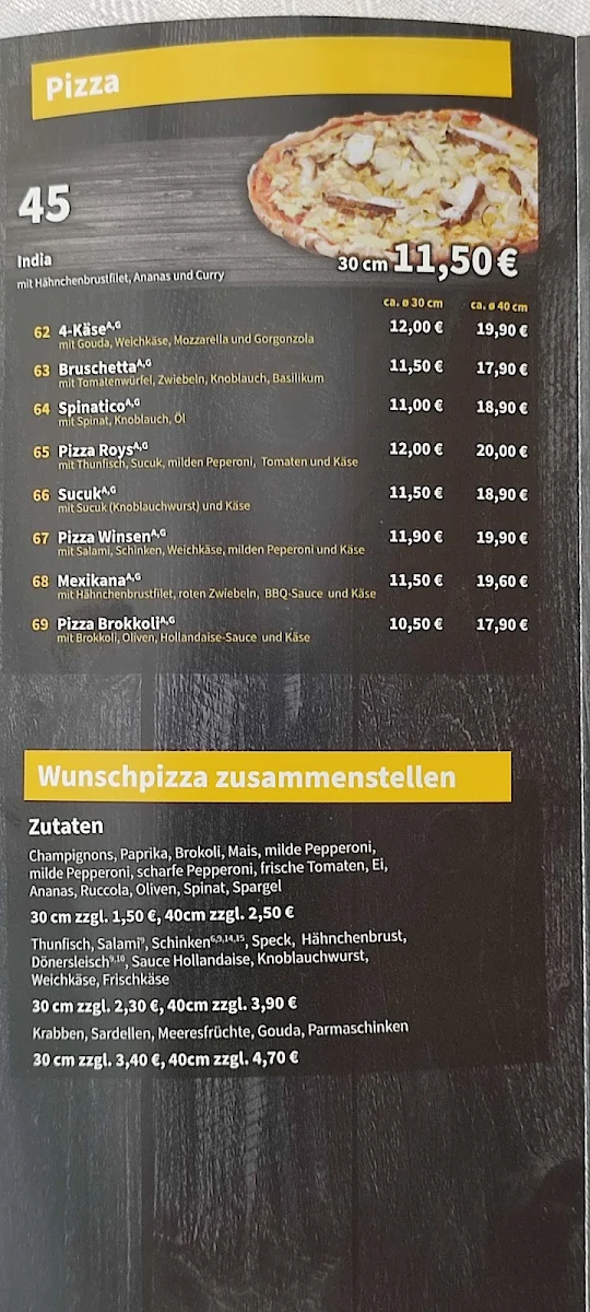 Speisekarte, Roys schnell Imbiss