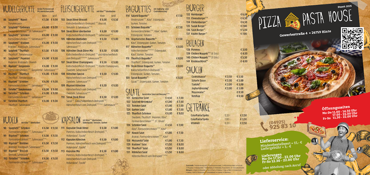 Speisekarte, Pizza Pasta House