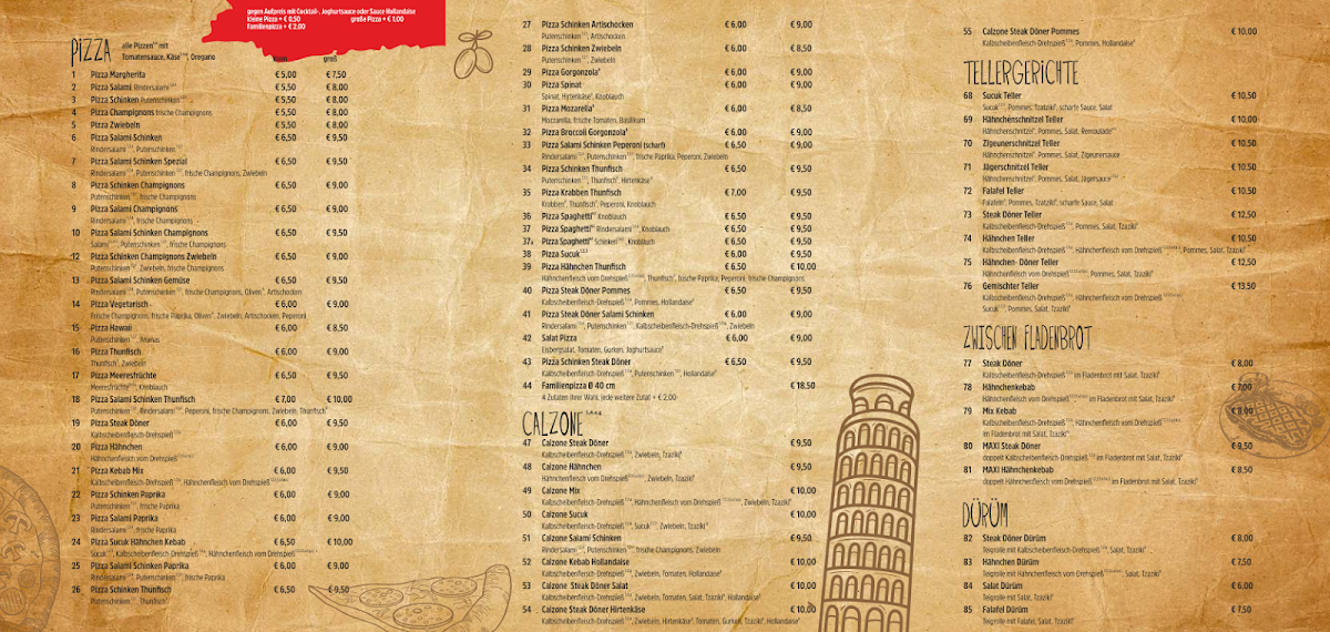 Speisekarte, Pizza Pasta House