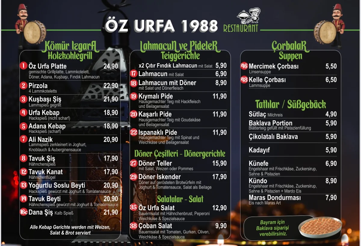 Speisekarte, Öz Urfa 1988 Aachen