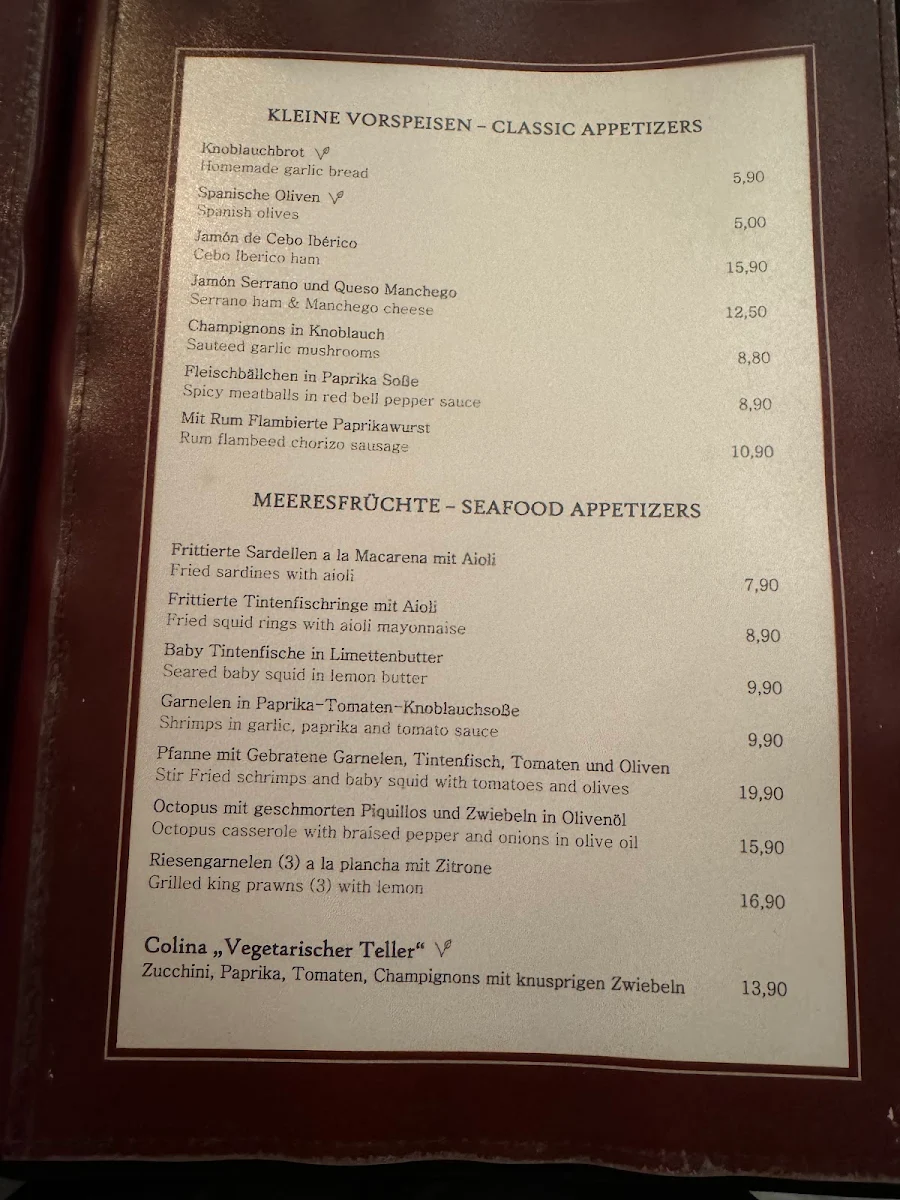 Speisekarte, Colina Steakhaus Restaurant