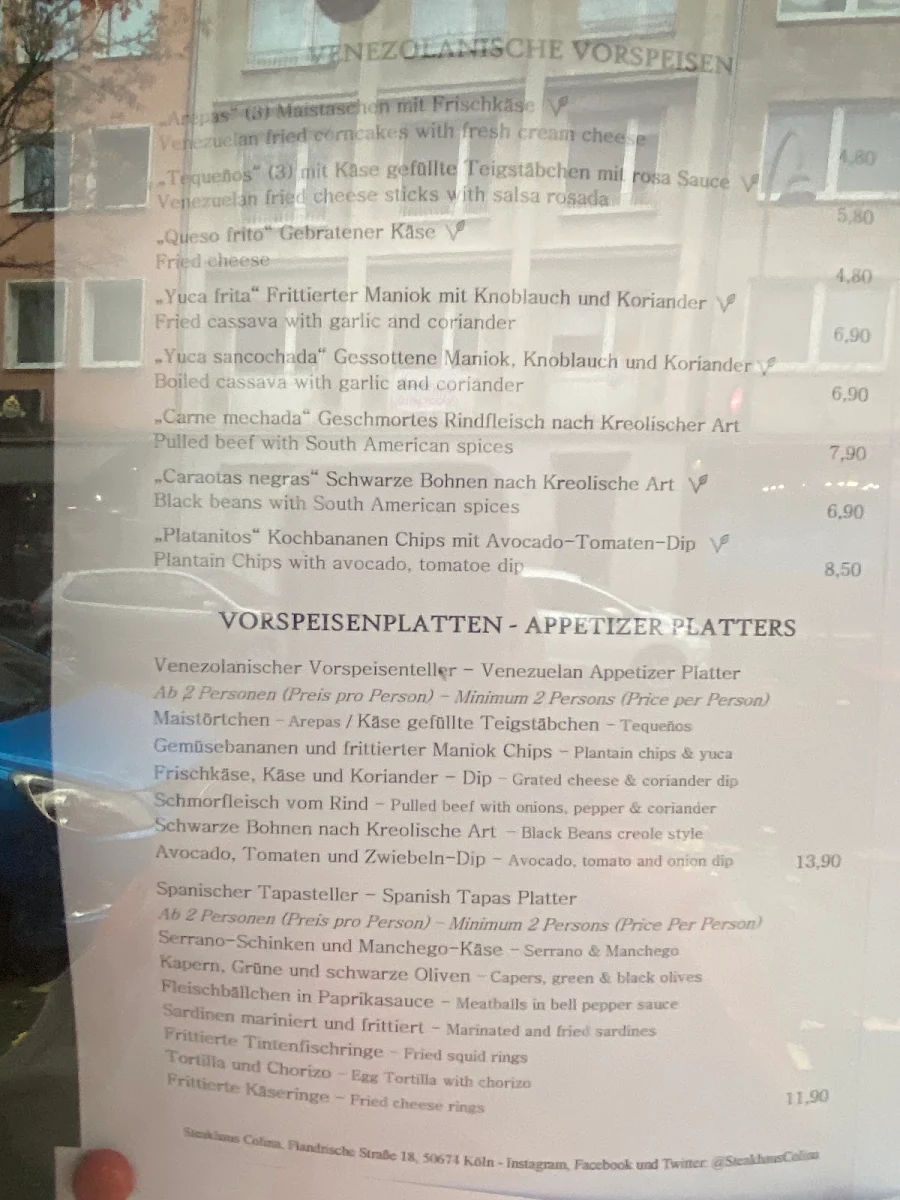 Speisekarte, Colina Steakhaus Restaurant