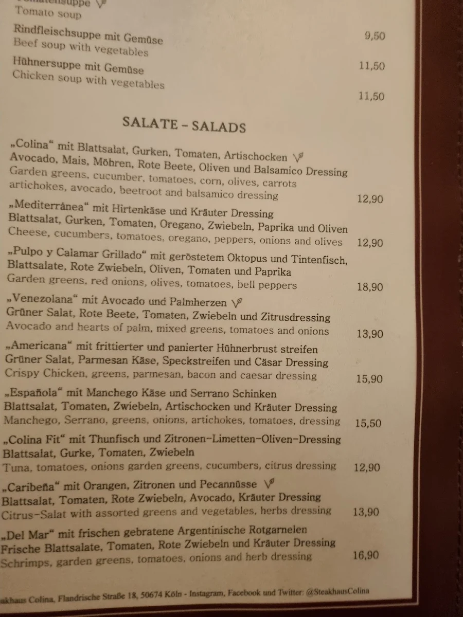 Speisekarte, Colina Steakhaus Restaurant