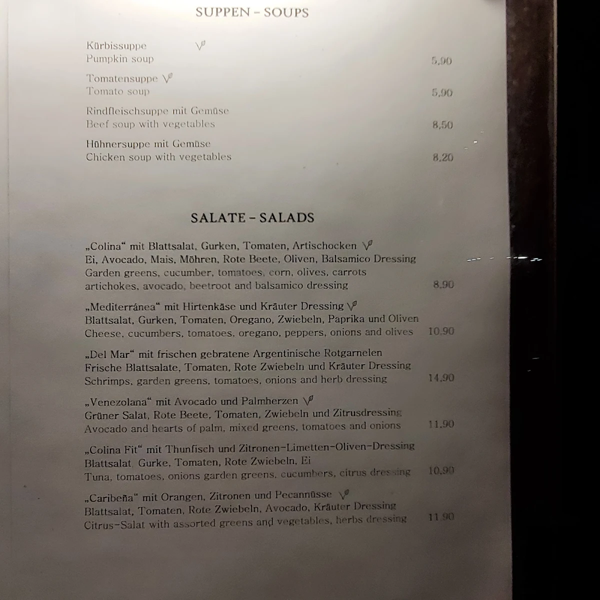 Speisekarte, Colina Steakhaus Restaurant