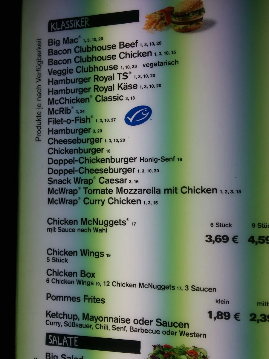 Speisekarte, McDonald's