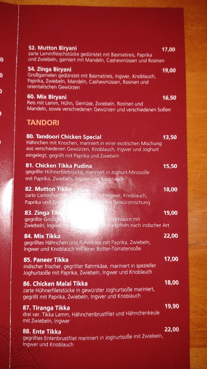 Speisekarte, Tikka Masala