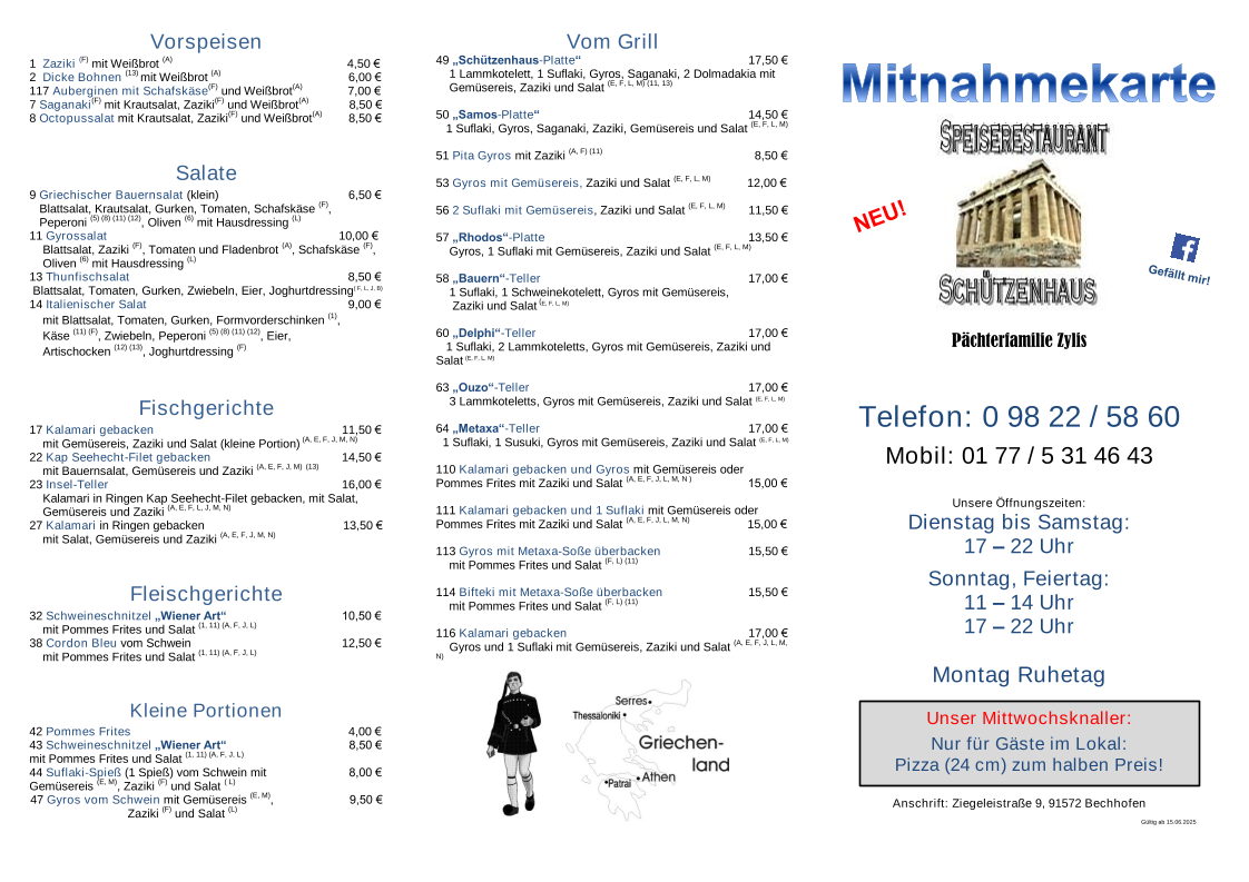 Speisekarte, Restaurant Schützenhaus Bechhofen