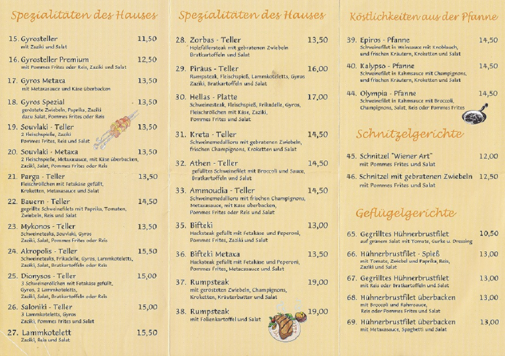 Speisekarte, Restaurant Zorbas Breuna-Oberlistingen