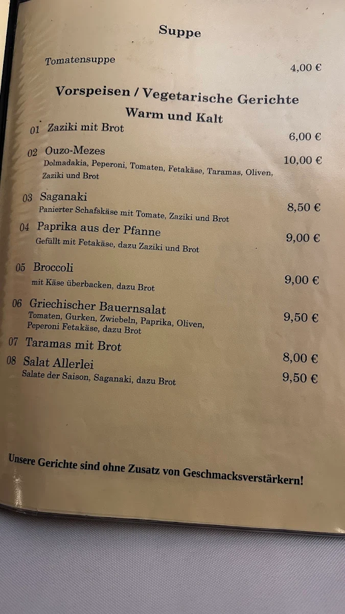Speisekarte, Restaurant Zorbas Breuna-Oberlistingen