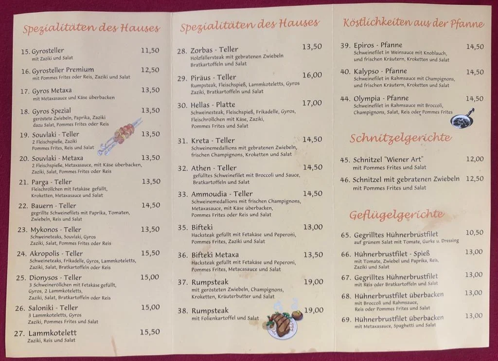 Speisekarte, Restaurant Zorbas Breuna-Oberlistingen