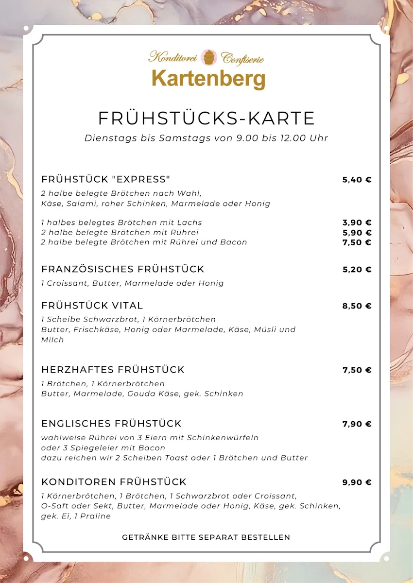 Speisekarte, Konditorei & Confiserie Kartenberg Jetzt: Frölich Gourmet