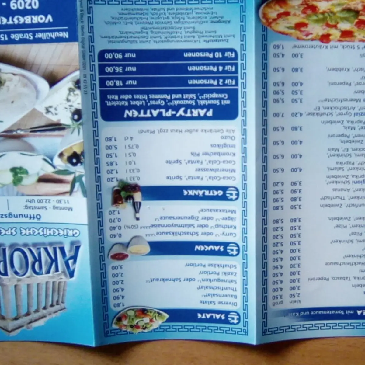 Speisekarte, Akropolis Grill