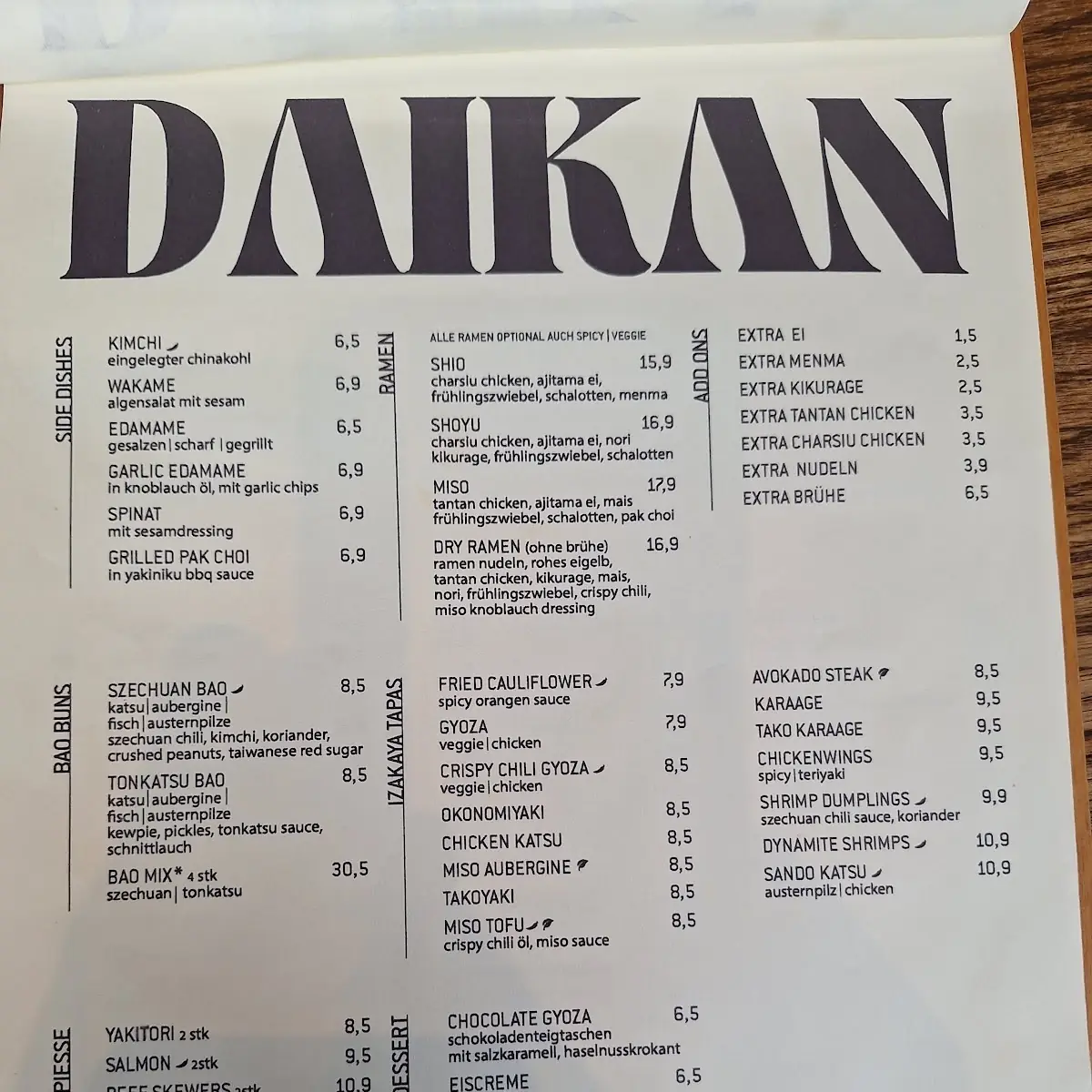 Speisekarte, DAIKAN IZAKAYA (Belgisches Viertel)