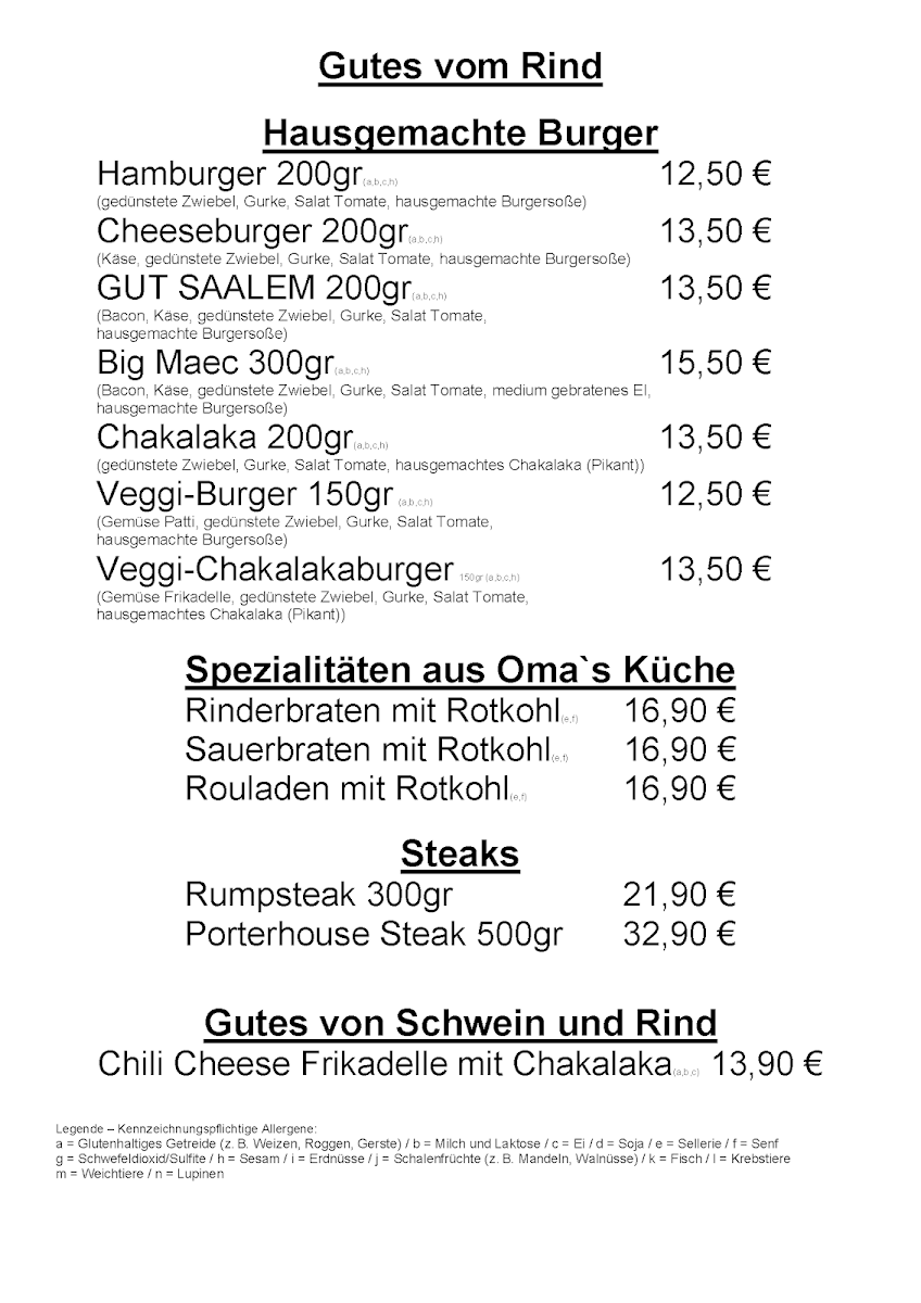 Speisekarte, Gut Saalem