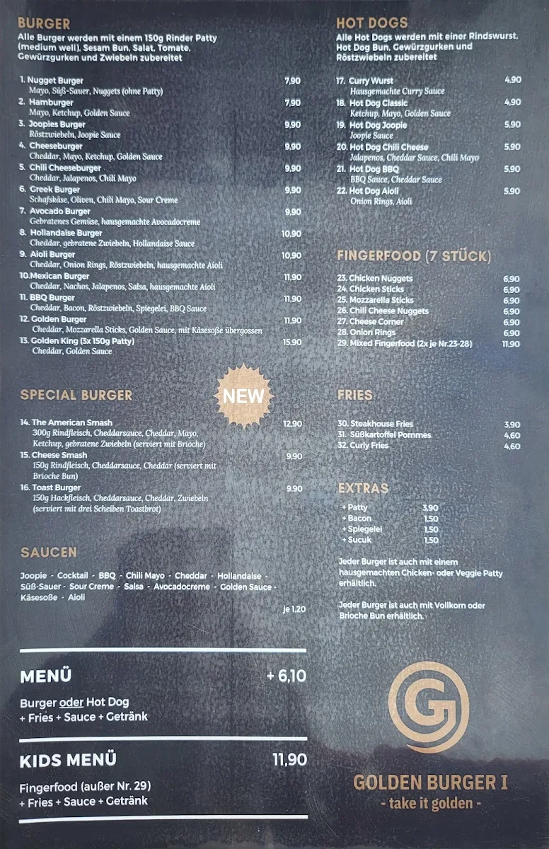 Speisekarte, Golden Burger