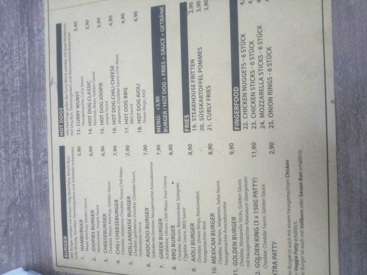 Speisekarte, Golden Burger