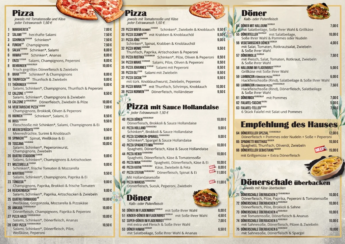 Speisekarte, Pizza Grill Hainich