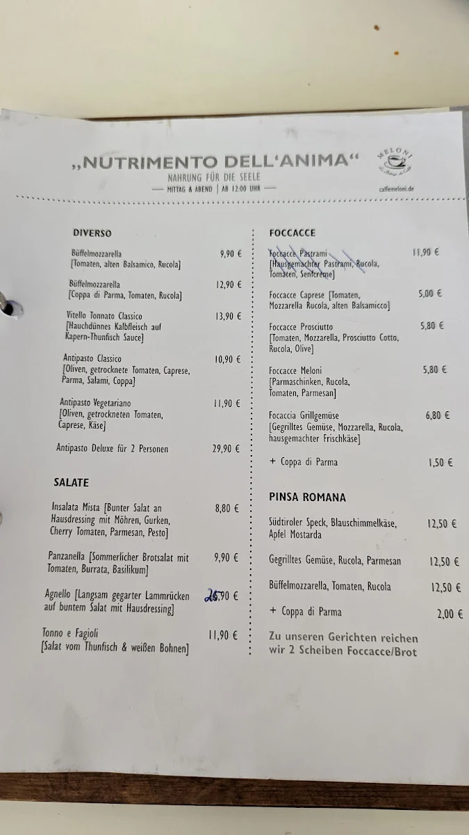 Speisekarte, Caffé Meloni