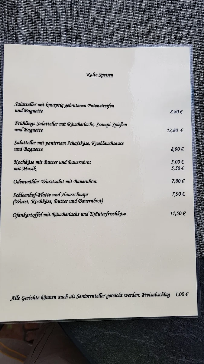 Speisekarte, Landgasthaus Zum Schleenhof
