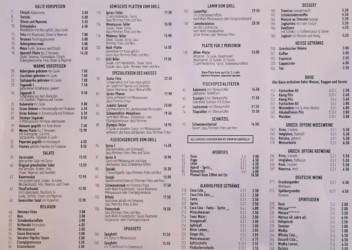 Speisekarte, Restaurant Athen