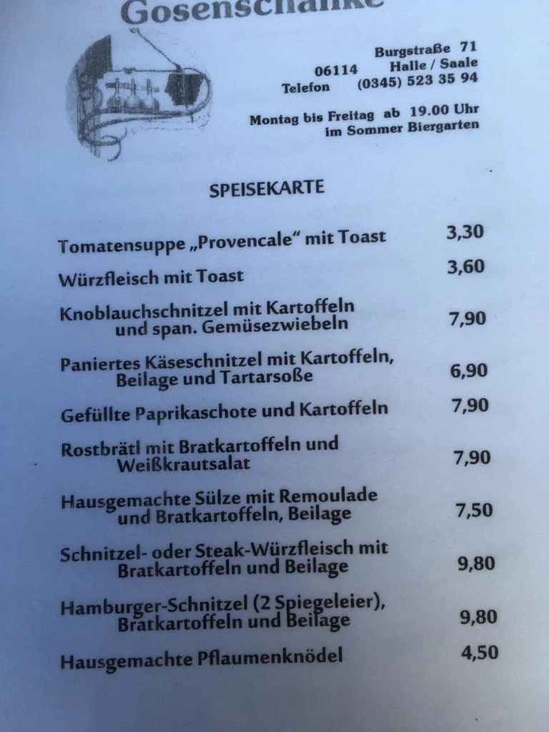 Speisekarte, Gaststätte Gosenschänke