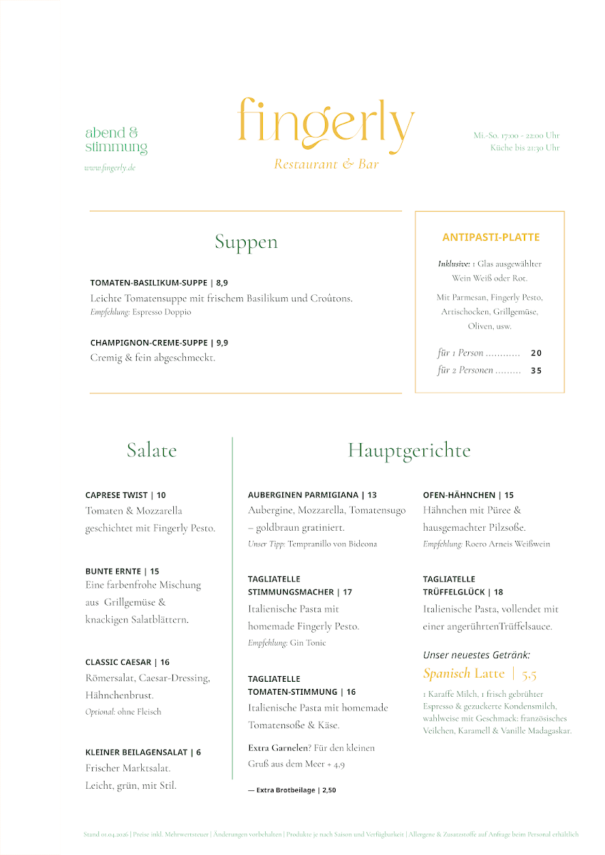 Speisekarte, Fingerly Restobar