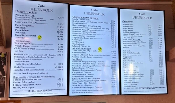 Speisekarte, Café Uhlenkolk