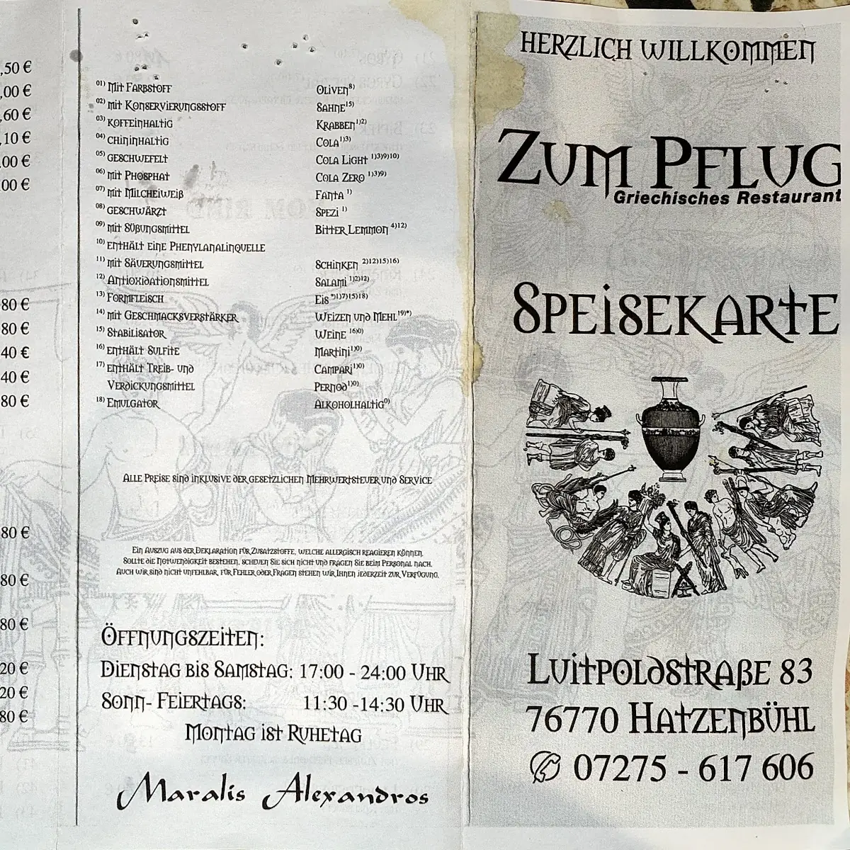 Speisekarte, Gasthaus Zum Pflug