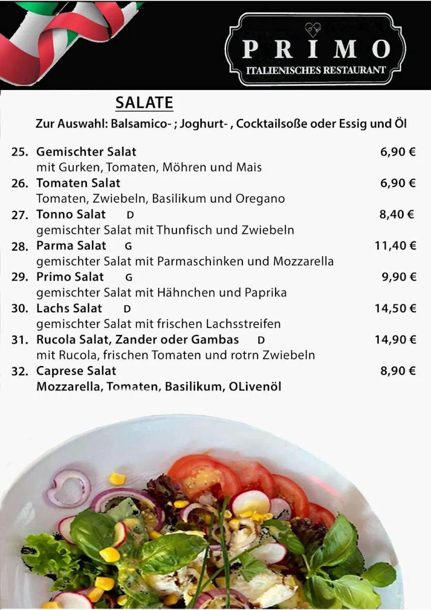 Speisekarte, Primo Italienisches Restaurant