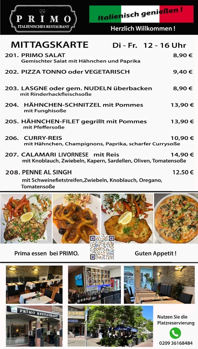 Speisekarte, Primo Italienisches Restaurant