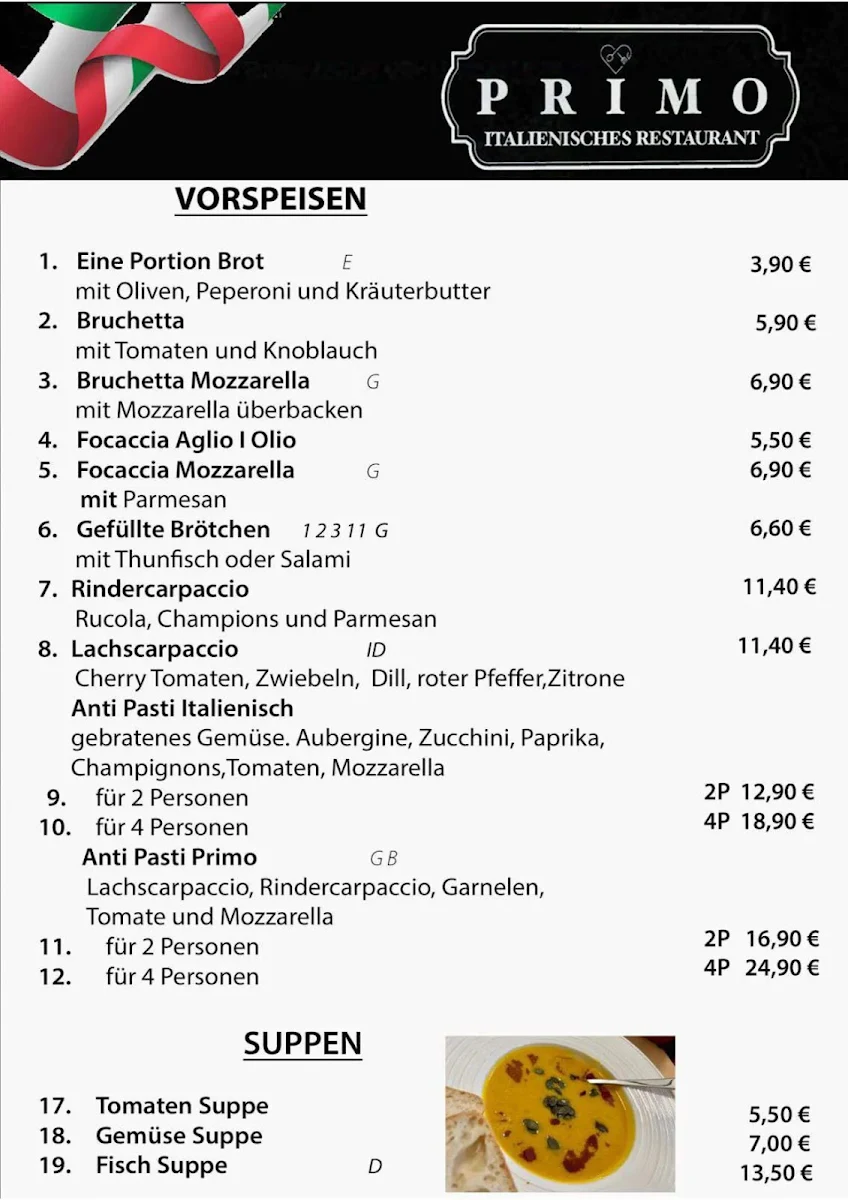 Speisekarte, Primo Italienisches Restaurant