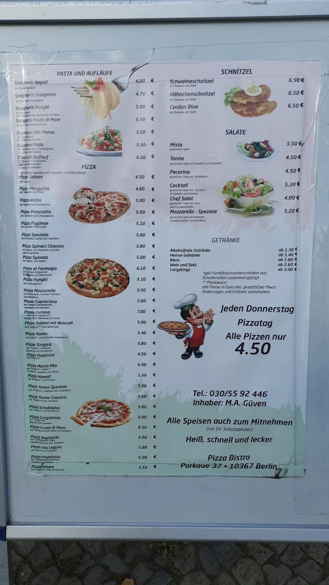 Speisekarte, Pizza-Bistro
