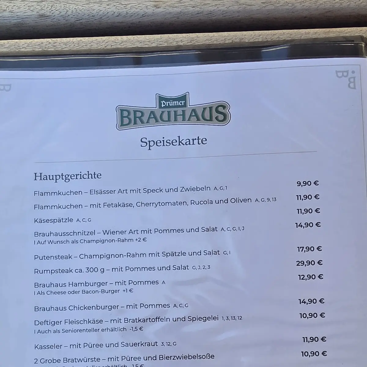 Speisekarte, Prümer Brauhaus
