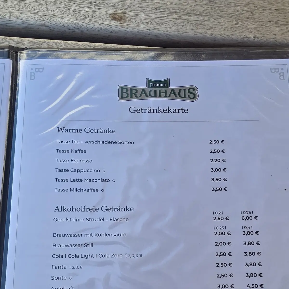 Speisekarte, Prümer Brauhaus